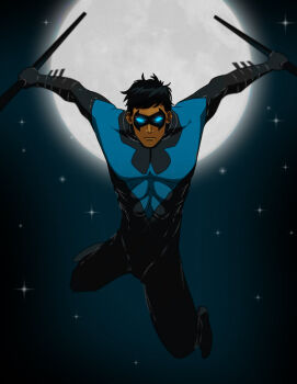 1boy artist_request batman_(series) black_hair bodysuit dc_comics dick_grayson domino_mask dual_wielding escrima_stick eye_mask full_moon gauntlets gloves glowing glowing_eyes holding male_focus mask moon night nightwing solo source_request star_(sky)