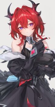 Rule 34 | 1girl, absurdres, arknights, arknights: endfield, black dress, black horns, blue eyes, closed mouth, commentary request, dress, grey background, highres, horns, laevatain (arknights), purple eyes, red hair, rei (9086), simple background, solo, surtr (arknights)