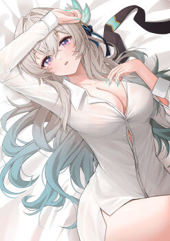 1girl absurdres arm_up bed_sheet blush breasts cleavage commentary english_commentary firefly_(honkai:_star_rail) green_nails hairband highres honkai:_star_rail honkai_(series) kebi_(soo_owl) large_breasts long_hair looking_at_viewer lying naked_shirt on_back on_bed parted_lips partially_unbuttoned purple_eyes shirt solo unworn_hairband white_shirt