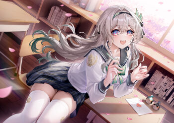 1girl black_hairband blue_pupils book bookshelf bow bowtie chair chinese_commentary classroom commentary_request day desk elbow_rest falling_petals feet_out_of_frame firefly_(birefly)_(honkai:_star_rail) firefly_(honkai:_star_rail) firefly_(spring_missive)_(honkai:_star_rail) floating_hair gradient_hair green_bow green_bowtie grey_hair grey_sailor_collar grey_skirt hair_between_eyes hair_ornament hairband hands_up happy highres holding holding_pencil honkai:_star_rail honkai_(series) indoors letter long_hair long_sleeves looking_at_viewer love_letter mechanical_pencil multicolored_eyes multicolored_hair official_alternate_costume on_chair open_mouth origami_bird_(honkai:_star_rail) pencil petals pink_petals plaid_bow plaid_bowtie plaid_clothes plaid_skirt revision sailor_collar school_chair school_desk school_uniform serafuku shirt signature sitting skirt solo stardust_(chen&#039;ai_weiding) teeth thighhighs trailblazer_(honkai:_star_rail) trailblazer_(trailbirder)_(honkai:_star_rail) two-tone_eyes upper_teeth_only white_shirt white_thighhighs window wooden_floor zettai_ryouiki