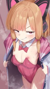 1girl absurdres alternate_costume animal_ear_headphones animal_ears blonde_hair blue_archive bow bowtie cat_ear_headphones cat_ears commentary_request covered_navel detached_collar fake_animal_ears flat_chest grin hair_bow headphones highleg highleg_leotard highres jacket kuragesensei leotard low-tied_sidelocks momoi_(blue_archive) nipples parted_lips pink_bow pink_bowtie pink_eyes pink_leotard playboy_bunny short_hair sidelocks smile solo strapless strapless_leotard v-shaped_eyebrows white_jacket