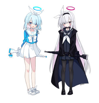 Rule 34 | 2girls, :d, artist name, black choker, black coat, black eyes, black hairband, black pantyhose, black sailor collar, black serafuku, black shirt, black shoes, black skirt, blue archive, blue eyes, blue hair, blue halo, blue shirt, blush, bow, braid, choker, coat, collarbone, colored inner hair, eluthel, full body, grey hair, gun, hair bow, hair over one eye, hairband, halo, highres, holding, holding gun, holding umbrella, holding weapon, long hair, long sleeves, looking at viewer, miniskirt, multicolored hair, multiple girls, neckerchief, open clothes, open coat, open mouth, pantyhose, pink hair, pink halo, plana (blue archive), pleated skirt, red pupils, sailor collar, sailor shirt, school uniform, serafuku, shirt, shoes, side braid, simple background, single braid, skirt, smile, standing, two-tone hair, umbrella, umbrella gun, very long hair, weapon, white background, white bow, white hairband, white neckerchief, white sailor collar, white shoes, white skirt