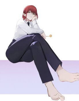 1girl absurdres barefoot black_necktie blue_pants candy chainsaw_man closed_eyes collared_shirt crossed_legs dokshuri eyelashes feet food foreshortening full_body hair_between_eyes head_rest highres holding holding_candy holding_food holding_lollipop invisible_chair legs lollipop long_hair long_sleeves looking_at_viewer makima_(chainsaw_man) necktie pants red_hair ringed_eyes shirt sidelocks sitting solo thighs toes white_shirt yellow_eyes