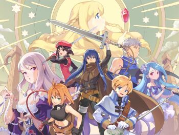 Rule 34 | 3boys, 5girls, ahoge, antenna hair, arm wrap, artist request, asymmetrical bangs, badge, bare arms, bare shoulders, belt, belt buckle, belted shorts, benya (tales weaver), beret, black belt, black eyes, black gloves, black hair, black leotard, black pants, black shirt, black shorts, black sleeves, blonde hair, blue eyes, blue jacket, blue shirt, blue sleeves, blue trim, boris jinneman, bow, braid, breasts, brown belt, brown cape, brown hair, buckle, cape, capelet, capelet belt, cleavage, closed mouth, coat, crop top, cropped shirt, cross-laced capelet, cross-laced clothes, crossed belts, dress, floating gem, flower, gem, gloves, gold buttons, green eyes, grey eyes, grey hair, hair between eyes, hair intakes, hat, hexagram, holding, holding above head, holding jewelry, holding necklace, holding scythe, holding sword, holding weapon, holding whip, isaac ducastel, ispin charles, jacket, jewelry, juliet sleeves, large breasts, left-handed, legs apart, leotard, lily (flower), lips, long hair, long sidelocks, long sleeves, long sword, looking at viewer, looking to the side, low-braided long hair, low-tied long hair, lucian kaltz, medium breasts, medium dress, medium hair, midriff, mila nebraska, military jacket, multiple belts, multiple boys, multiple girls, muscular, muscular male, narrow waist, navel, necklace, nexon, official art, open mouth, orange hair, pants, parted lips, pearl necklace, pillar, profile, puffy sleeves, purple bow, purple eyes, purple sleeves, red eyes, red gemstone, red hat, red jacket, roamini, saber (weapon), scythe, second-party source, shirt, shirt bow, short hair, shorts, shoulder belt, sidelocks, skinny, sleeve bow, sleeve cuffs, sleeveless, sleeveless jacket, sleeveless shirt, smile, standing, straight hair, strapless, strapless dress, strapless leotard, strapless shirt, sword, sword knot, tales weaver, tassel, teeth, thighhighs, three-quarter sleeves, tongue, turtleneck, turtleneck capelet, turtleneck shirt, twin braids, underbust, undershirt, upper teeth only, weapon, white capelet, white coat, white dress, white flower, white gloves, white hair, white lily, white sleeves, white thighhighs, wide sleeves, wing collar