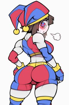 1girl absurdres ass breasts brown_hair fingerless_gloves glitch_productions gloves gym_shorts hat highres jester jester_cap jester_girl large_breasts pomni_(the_amazing_digital_circus) roadi3 short_hair shorts the_amazing_digital_circus thighhighs