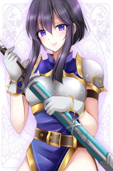 1girl armor belt black_hair boobplate breastplate fire_emblem fire_emblem:_genealogy_of_the_holy_war gloves highres hip_bones holding holding_sword holding_weapon kirishima_riona larcei_(fire_emblem) looking_at_viewer nintendo pelvic_curtain purple_eyes purple_tunic revision sheath sheathed short_hair shoulder_armor sidelocks solo sword tunic weapon