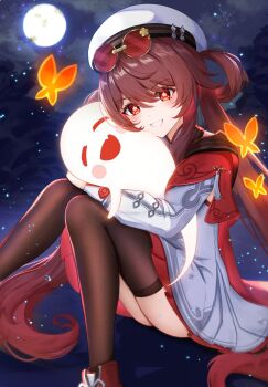1girl boo_tao_(genshin_impact) brown_hair brown_scarf brown_thighhighs bug butterfly chinese_clothes eyewear_on_head flower-shaped_pupils gao_kawa genshin_impact ghost hair_rings hat highres hu_tao_(cherries_snow-laden)_(genshin_impact) hu_tao_(genshin_impact) hug insect knees_up long_hair looking_at_viewer moon night official_alternate_costume red-tinted_eyewear red_eyes red_goggles red_skirt round_eyewear scarf sitting skirt smile solo sunglasses symbol-shaped_pupils teeth thighhighs tinted_eyewear twintails white_hat yellow-framed_eyewear