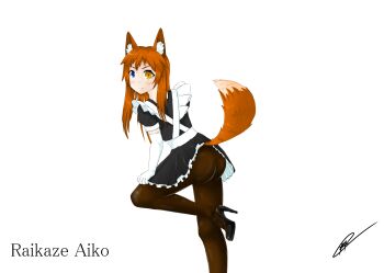 Rule 34 | 1girl, animal ears, ass, blush, character name, dress, elbow gloves, female focus, fluffy, fox ears, fox tail, frilled dress, frilled skirt, frills, gloves, heterochromia, high heels, highres, inari, inari (monster girl encyclopedia), kitsune, latex, latex legwear, long hair, maid, monster girl, monster girl encyclopedia, original, pantyhose, pout, self-upload, shiny clothes, signature, simple background, skirt, solo, tail, tail raised, white background