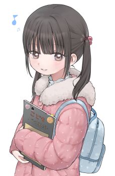 1girl absurdres backpack bag beamed_eighth_notes black_eyes black_hair blue_bag blush book child chushui_(izumi617) commentary eighth_note fur-trimmed_jacket fur_trim grin hair_bobbles hair_ornament high_collar highres holding holding_book jacket looking_at_viewer musical_note original padded_jacket pink_jacket polka_dot polka_dot_jacket shirt sidelocks simple_background smile solo sticky_note textbook twintails white_background white_shirt
