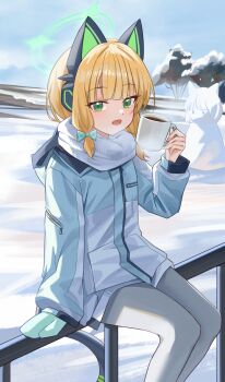 1girl animal_ear_headphones animal_ears aqua_mittens blonde_hair blue_archive blue_jacket blunt_bangs cat_ear_headphones cat_ears cat_tail coffee commentary_request cowboy_shot cup drinking_glass fake_animal_ears fake_tail green_eyes grey_pantyhose halo headphones highres holding holding_cup jacket long_sleeves looking_at_viewer manjie midori_(blue_archive) midori_(winter)_(blue_archive) mittens on_railing open_mouth outdoors pantyhose railing scarf sidelocks single_mitten sitting snow snowman solo steam tail tree white_scarf