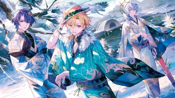 3boys absurdres aqua_kimono aventurine_(honkai:_star_rail) black_gloves blonde_hair book closed_mouth commentary_request dr._ratio_(honkai:_star_rail) earrings gloves guest_art hair_ornament halo hat head_wings highres hiroshima holding holding_book holding_umbrella honkai:_star_rail honkai_(series) jacket japanese_clothes jewelry kimono male_focus multicolored_eyes multicolored_jacket multiple_boys oil-paper_umbrella orange_eyes ozaki_domino pink_eyes purple_hair real_world_location short_hair sunday_(honkai:_star_rail) umbrella white_hair white_kimono white_wings wings yellow_eyes