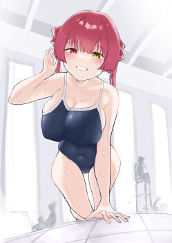 1girl absurdres blue_one-piece_swimsuit blush breasts cleavage commentary covered_erect_nipples covered_navel croo_(croo168) hair_ribbon hand_in_own_hair hand_on_floor heterochromia highres hololive houshou_marine impossible_clothes kneeling large_breasts leaning_forward looking_at_viewer navel one-piece_swimsuit open_mouth red_eyes red_hair ribbon school_swimsuit silhouette simple_background skin_tight skindentation smile swimsuit teeth thighs twintails virtual_youtuber wet wet_clothes wet_swimsuit white_background yellow_eyes