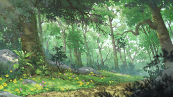 day flower forest grass hanxiaodan nature no_humans original outdoors path pink_flower road rock scenery sunlight tree yellow_flower