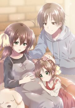 1boy 2girls :d aged_up ahoge black_shirt blush breasts brown_eyes brown_hair casual child commentary_request commission couple dress ef_(visual_novel) family family_bonding father_and_daughter green_eyes grey_dress grey_hoodie hair_between_eyes hand_on_own_stomach headpat hetero highres hirono_hiro hood hoodie husband_and_wife if_they_mated indoors jewelry kuroi_mimei long_dress long_sleeves looking_at_another medium_breasts medium_hair miyamura_miyako mother_and_daughter multiple_girls open_mouth pregnant red_dress ring shirt short_hair skeb_commission sleeveless sleeveless_dress smile wedding_ring white_shirt