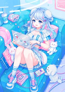 1girl :d afterimage animal_ears blue_eyes blue_hair blue_shirt blue_shoes blue_skirt blue_socks bone book breasts cable candy cat cellphone chibi cleavage collarbone computer couch cropped_shirt cup cushion disposable_cup dog dog_ears dog_girl dog_tail dot_nose drinking_straw food from_above full_body gradient_eyes hair_ornament hair_rings hairclip high-waist_skirt highres holding holding_laptop indoors kneehighs knees_up laptop light_blue_hair light_particles looking_at_viewer medium_breasts mixed-language_commentary multicolored_eyes on_couch open_mouth original phone pink_eyes pleated_skirt portrait_(object) shirt shoes sidelocks signature sitting_sideways skirt smile sneakers socks solo sparkle sparkling_aura sticker swept_bangs tail towel twintails two-tone_eyes white_cat white_dog white_rabbit_(animal) yutukicom zipper