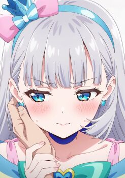 1girl aachan_(aacyanchi) blue_bow blue_choker blue_crown blue_eyes blue_hairband bow brooch choker close-up closed_mouth collarbone commentary_request crown cure_nyammy earrings embarrassed fingernails grey_hair hair_bow hairband hand_on_another's_wrist heart heart_brooch highres jewelry long_hair looking_to_the_side magical_girl mini_crown nekoyashiki_yuki nervous pink_bow pointed_crown precure simple_background solo_focus tsundere upper_body wavy_mouth white_background wonderful_precure!