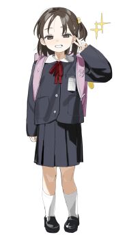 1girl backpack bag black_jacket black_shoes black_skirt blush brown_eyes brown_hair child commentary full_body hair_bobbles hair_ornament highres jacket kneehighs long_sleeves looking_at_viewer missing_tooth one_side_up original pleated_skirt randoseru school_uniform shoes simple_background skirt socks solo standing v white_background white_socks yuki_hotaru