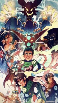 6+boys bald black_hair blonde_hair brown_eyes clenched_hands getter-1 getter_arc getter_go getter_robo getter_robo_(classic) getter_robo_go glowing glowing_eyes green_scarf hair_between_eyes helmet highres holding holding_unworn_helmet ichimonji_gou jin_hayato male_focus mecha multiple_boys musashi_tomoe nagare_ryoma nagare_takuma open_mouth pilot_suit red_scarf robot scarf science_fiction shin_getter-1 shin_getter_robo shou_kamui slllle1 smile super_robot sweatdrop unworn_helmet yamagishi_baku yellow_eyes yellow_scarf