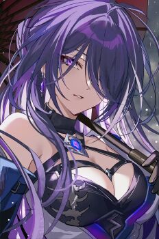 1girl acheron_(honkai:_star_rail) b_soyo1 bare_shoulders breasts cleavage commentary criss-cross_halter diamond-shaped_pupils diamond_(shape) earrings hair_over_one_eye halterneck highres holding holding_umbrella honkai:_star_rail honkai_(series) jewelry long_hair looking_at_viewer medium_breasts multicolored_hair oil-paper_umbrella parted_lips purple_eyes purple_hair rain solo streaked_hair symbol-only_commentary symbol-shaped_pupils umbrella upper_body