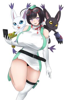 1girl black_hair blacktailmon breasts cat commentary cosplay cowboy_shot crossover digimon digimon_story:_time_stranger dress elbow_gloves english_commentary gloves green_dress group_picture heart heart-shaped_pupils highres holding holding_phone large_breasts naozuri phone prism_project purple_eyes rikudou_yura short_hair simple_background single_thighhigh standing standing_on_one_leg symbol-shaped_pupils tailmon thighhighs virtual_youtuber white_background white_dress white_gloves white_thighhighs yuuki_kanan yuuki_kanan_(cosplay)
