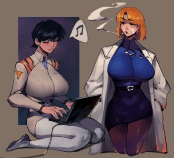 2girls akagi_ritsuko alternate_breast_size breasts cigarette computer highres huge_breasts ibuki_maya laptop large_breasts long_coat multiple_girls neon_genesis_evangelion pantyhose shirt simple_background skirt smoke smoking tagme zako_(arvinry)