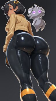 1girl absurdres ass black_bodysuit black_hair bodysuit brown_jacket dark-skinned_female dark_skin emma_(pokemon) espurr from_below gen_6_pokemon grey_fur greyscale highres huge_ass jacket monochrome nintendo pokemon pokemon_(creature) pokemon_legends:_z-a purple_eyes short_hair toomy_woomy