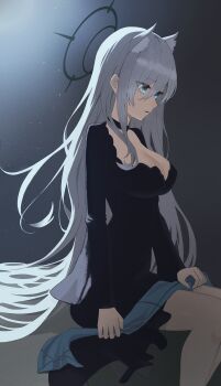1girl absurdres animal_ear_fluff animal_ears black_choker black_dress black_halo blue_archive blue_eyes breasts choker commentary_request double-parted_bangs dress grey_background grey_hair hair_between_eyes halo highres large_breasts long_hair long_sleeves looking_down oro_(lsg0624) parted_lips shiroko_terror_(blue_archive) sitting solo very_long_hair wolf_ears wolf_girl