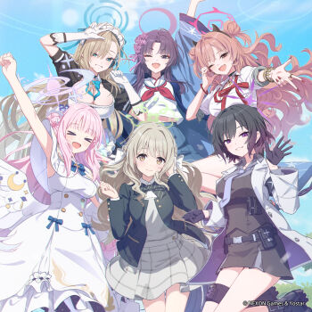 >_< 6+girls :d armpits asuna_(blue_archive) asymmetrical_bangs azumi_akitake black_gloves black_hair black_hairband black_jacket blonde_hair blue_archive blue_bow blue_bowtie blue_eyes blue_halo blue_necktie blue_skirt blue_sky bow bowtie breasts brown_eyes brown_hair capelet character_request cleavage closed_mouth coat collared_shirt commentary_request copyright_request day double_bun dress dress_bow fake_horns fake_nails fang gingham_clothes gingham_skirt gloves green_halo grey_shirt grey_skirt grin hair_bow hair_bun hairband half-heart_hands halo hand_in_own_hair hand_up hands_up highres horn_hairband horns jacket large_breasts layered_sleeves long_hair long_sleeves looking_at_viewer loose_bowtie mika_(blue_archive) miniskirt miyo_(blue_archive) mole mole_on_breast multiple_girls neckerchief necktie official_art one_eye_closed open_clothes open_coat open_jacket open_mouth outdoors outstretched_arm pink_hair pink_halo purple_eyes purple_hair purple_halo red_bow red_bowtie red_halo red_nails red_neckerchief sailor_collar school_uniform serafuku shirt short_hair short_sleeves skin_fang skirt sky sleeveless sleeveless_dress smile unbuttoned very_long_hair w w_over_head wavy_hair white_bow white_capelet white_coat white_dress white_sailor_collar white_shirt wing_collar wristband