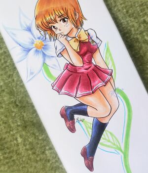 Rule 34 | 1980s (style), 1girl, absurdres, black socks, blue flower, brown shoes, closed mouth, commentary, english commentary, faux retro artstyle, flower, hand up, highres, kashimashi, oldschool, orange eyes, orange hair, osaragi hazumu, photo (medium), red skirt, retro artstyle, retro deluxe, school uniform, shoes, short hair, signature, skirt, socks, solo, straight hair