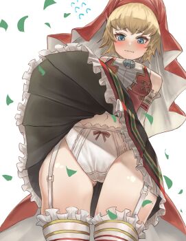 1girl absurdres blonde_hair blue_eyes blush bow bow_panties breasts cameltoe commission demon_(megami_tensei) dress elbow_gloves embarrassed falling_petals frills garter_straps gloves highres hood idol idunn_(megami_tensei) nekotori_(nekotori221) panties pantyshot petals pixiv_commission shin_megami_tensei shin_megami_tensei_v short_hair small_breasts solo thighhighs underwear white_background wind wind_lift