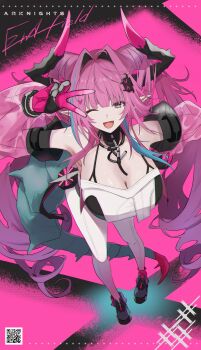 1girl ;d absurdres arknights arknights:_endfield bare_shoulders black_gloves black_horns blue_hair breasts chromatic_aberration cleavage commentary_request copyright_name detached_sleeves fang from_above full_body gloves green_tail grey_eyes hair_intakes heart highres horns large_breasts long_hair long_sleeves multicolored_hair neu_(musyoku-neet) one_eye_closed open_mouth pants partial_commentary pink_gloves pink_hair pink_horns pink_sleeves pointy_ears qr_code see-through_clothes see-through_sleeves skin_fang smile solo standing streaked_hair tail v v_over_eye very_long_hair watermark white_pants yvonne_(arknights)