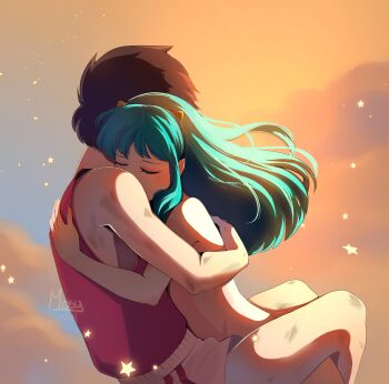 1boy 1girl absurdres aqua_hair brown_hair closed_eyes commentary cone_horns couple english_commentary hetero highres horns hug long_hair lum moroboshi_ataru mosyart pointy_ears shirt short_hair signature sleeveless sleeveless_shirt sportswear urusei_yatsura