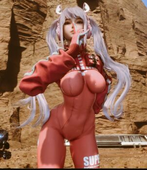 1girl 3d alice_(nikke)_(cosplay) bodysuit breasts closed_mouth cooling_suit cosplay eve_(stellar_blade) game_cg gloves headphones large_breasts long_hair looking_at_viewer outdoors pink_bodysuit pink_gloves shift_up standing stellar_blade twintails white_hair