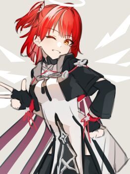 1girl absurdres arknights black_gloves black_jacket breasts commentary_request cowboy_shot detached_wings energy_wings exusiai_(arknights) exusiai_the_new_covenant_(arknights) fingerless_gloves gloves halo hand_up highres jacket looking_at_viewer medium_hair nishimiya_aki one_eye_closed one_side_up orange_eyes red_hair shirt smile solo three-finger_salute traditional_halo white_halo white_shirt wings