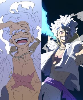 Rule 34 | 1boy, closed eyes, collarbone, commentary request, cowboy shot, cross scar, facial scar, facing viewer, gear fifth, grin, hand on own forehead, hat, hat on back, highres, korean commentary, laughing, looking at viewer, male focus, monkey d. luffy, multiple views, one piece, onzr560, open clothes, open mouth, open shirt, pectorals, purple sash, sash, scar, scar on cheek, scar on chest, scar on face, shirt, short hair, shorts, smile, split screen, straw hat, toned, toned male, transformation, upper body, white hair, white shirt, white shorts