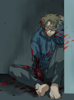 1boy against_wall alternate_costume amputee bags_under_eyes barefoot beard black-framed_eyewear black-framed_glasses black_background bleeding blood blood_in_hair blood_on_arm blood_on_clothes blood_on_face blood_splatter blood_stain blue_background blue_hoodie brown_hair casual closed_mouth dark dark_background denim drawstring empty_eyes expressionless facial_hair feet frown full_body glasses goatee gregor_(project_moon) guro hair_between_eyes half-closed_eyes hood hood_down hoodie horror_(theme) injury jacket jeans jitome joints kikkoinu limbus_company long_sleeves looking_at_viewer male_focus mechanical_arms messy_hair official_alternate_costume pants parted_bangs photoshop_(medium) ponytail project_moon prosthesis prosthetic_arml sad sanpaku semi-rimless_eyewear serious shadow short_hair simple_background single_mechanical_arm sitting solo spiked_hair spread_legs straight-on stubble toes under-rim_eyewear yellow_eyes