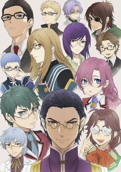 3girls 6+boys adjusting_eyewear antenna_hair black_hair black_shirt blonde_hair blue_coat blue_eyes blue_hair blue_necktie bow bowtie braid brown_hair buttons cape character_request coat code_geass collar collarbone collared_shirt commentary_request earrings eiyuu_densetsu emma_millstein eyelashes eyepatch formal_clothes georg_weissmann glasses green_cape green_eyes green_hair green_shirt grey_suit gundam gundam_00 hair_between_eyes hange_zoe hiraga_keisuke hubert_ozwell isa_(peien516) jade_curtiss jewelry joachim_gunter joseph_oda light_smile lloyd_asplund long_hair looking_at_viewer machias_regnitz medium_hair multiple_boys multiple_girls necktie open_mouth parted_bangs persona persona_3 purple_hair red_bow red_bowtie red_eyes red_necktie sen_no_kiseki_(series) sen_no_kiseki_i shingeki_no_kyojin shirt short_hair sidelocks sleeveless sleeveless_coat smile sora_no_kiseki spoilers suit swept_bangs tales_of_(series) tales_of_graces tales_of_the_abyss teeth the_evil_within thomas_lysander_(eiyuu_densetsu) thors_military_academy_class_vii_uniform tieria_erde trait_connection v-shaped_eyebrows white_background white_coat white_collar white_shirt zero_no_kiseki