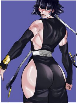 1girl alqkemy ass bare_shoulders black_hair bleach blush breasts detached_sleeves female_focus legs_together looking_at_viewer medium_hair shihakusho sideboob simple_background small_breasts sui-feng suzumebachi_(shikai) toned toned_female