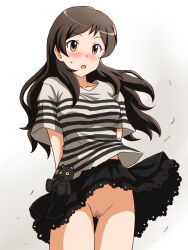 Rule 34 | 1girl, :o, arms behind back, black skirt, blush, bow, brown eyes, brown hair, clothes lift, commentary request, commission, crotch seam, gluteal fold, grey shirt, idolmaster, idolmaster million live!, kitazawa shiho, lace, lace-trimmed skirt, lace trim, lielos, long hair, long sleeves, looking at viewer, miniskirt, no panties, open mouth, partial commentary, petticoat, pixiv commission, pleated skirt, pubic hair, pussy, shirt, short sleeves, skirt, skirt lift, solo, standing, striped clothes, striped shirt, stuffed animal, stuffed cat, stuffed toy, sweatdrop, t-shirt, thigh gap, wind, wind lift