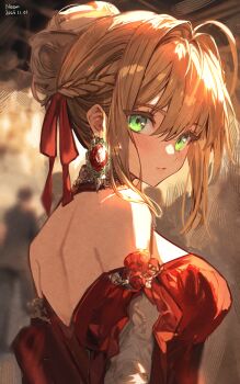 1girl absurdres ahoge back bare_shoulders blonde_hair blush braid breasts dress earrings elbow_gloves fate/grand_order fate_(series) gloves green_eyes hair_bun hair_intakes hair_ribbon highres jewelry large_breasts long_hair looking_at_viewer looking_back minestrongzzz nero_claudius_(fate) red_dress red_ribbon ribbon solo white_gloves