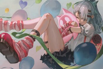 1girl absurdres balloon blue_eyes chinatsu_remiel commentary grey_hair hair_ornament highres kaien_(akanee_18) long_hair open_mouth ponytail shirt skirt solo zenless_zone_zero