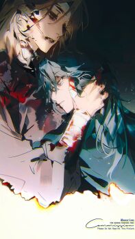 Rule 34 | 2girls, bandaged arm, bandages, blonde hair, blood, blood on face, blood on hands, chief (path to nowhere), commentary, female chief (path to nowhere), half-closed eyes, highres, injury, langley (path to nowhere), llmia4, multiple girls, path to nowhere, symbol-only commentary, upper body