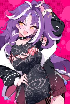 1girl arm_up black_jacket black_shirt braid eye_print fang highres himary_art jacket jared_(michi_mochievee) long_hair looking_at_viewer michi_mochievee michi_mochievee_(1st_costume) multicolored_hair open_mouth pink_background purple_hair shirt single_braid skin_fang smile solo stitched_face stitches streaked_hair virtual_youtuber vshojo white_hair yellow_eyes