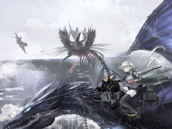 1girl absurdres aircraft airplane bag battleship bicycle black_bag black_jacket black_shorts black_thighhighs blue_eyes blue_scales clenched_teeth cloud cloudy_sky commentary contemporary copyright_request destruction dragon dragon_horns dragon_wings english_commentary eye_trail fantasy fighter_jet flying gloves glowing glowing_eyes grey_shirt highres horns jacket light_trail long_hair midriff_peek military_vehicle missiles multicolored_shoes ocean open_mouth red_gloves ribs riding_dragon saif_artz scenery ship shirt short_shorts shorts skull sky spine sweatdrop teeth thighhighs vehicle_request very_long_hair warship water watercraft white_hair wings yellow_eyes