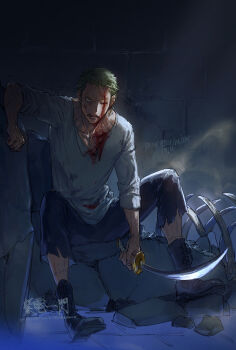 1boy absurdres blood blood_on_clothes blood_on_face bone boots collarbone commentary_request earrings glaring green_hair highres jewelry light_particles male_focus one_piece open_mouth pants plytometo roronoa_zoro rubble shirt short_hair sitting solo stitched_leg stitches torn_clothes torn_pants white_shirt