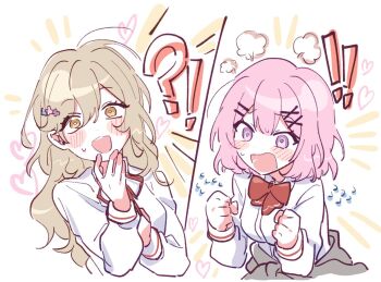 ! !? 2girls amaori_renako ashigaya_high_school_uniform blush brown_hair cardigan cardigan_around_waist clenched_hands clothes_around_waist flower_hairpin flying_sweatdrops hair_ornament heart long_hair multiple_girls pink_hair puff_of_air school_uniform sena_ajisai short_hair upper_body watashi_ga_koibito_ni_nareru_wake_naijan_murimuri! x_hair_ornament