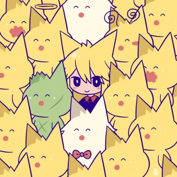 1girl ^_^ animal_ears antennae black_eyes black_necktie black_vest blonde_hair blush_stickers bow bowtie bright_pupils cat_girl closed_eyes closed_mouth creature funamusea ggneverover halo highres moge-ko mogeko_(species) mogeko_castle necktie open_mouth red_shirt scar shirt smile surrounded vest wavy_mouth white_pupils