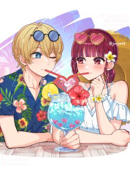1boy 1girl arima_kana artist_name bare_shoulders bikini bikini_under_clothes blonde_hair blue_eyes blush bob_cut bracelet breasts cleavage collarbone commentary_request cup dress drink drinking drinking_glass drinking_straw eyewear_lift flower flower_bracelet food hair_flower hair_ornament hat hawaiian_shirt heart heart-shaped_eyewear highres hoshino_aquamarine if_they_mated inverted_bob jewelry junjonta one_eye_closed oshi_no_ko palm_tree ponytail red_eyes red_hair shared_drink shirt short-sleeved_shirt short_hair short_ponytail sitting sleeveless sleeveless_dress smile soda straw_hat sunglasses swimsuit tree unworn_hat unworn_headwear upper_body white_dress wristband