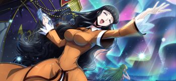 1boy 2girls aurora back black_hair breasts c.c. charles_zi_britannia code_geass code_geass:_lost_stories f4samurai game_cg green_hair highres large_breasts long_hair marianne_vi_britannia military_uniform multiple_girls official_art open_mouth purple_eyes smile