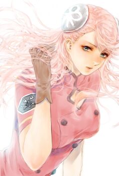 Rule 34 | 1girl, aida rayhunton, breasts, gloves, green eyes, gundam, gundam g no reconguista, hair ornament, hairpods, highres, long hair, looking at viewer, parted lips, pink hair, shirt, short sleeves, simple background, solo, takeda yuuko, upper body, white background